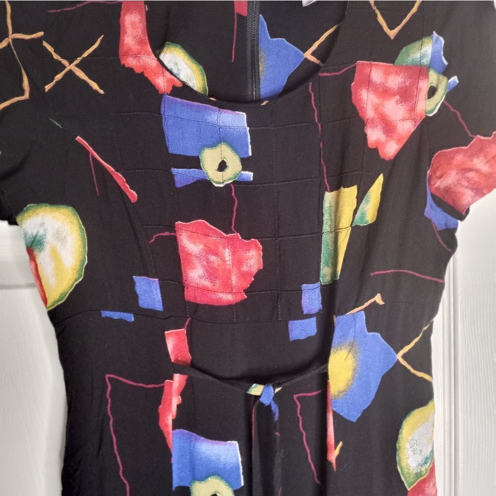 J.D. Stone 12 Black Multicolor Belt ShrtSlves SlitSides Rayon Women's Midi Dress - Picture 5 of 11